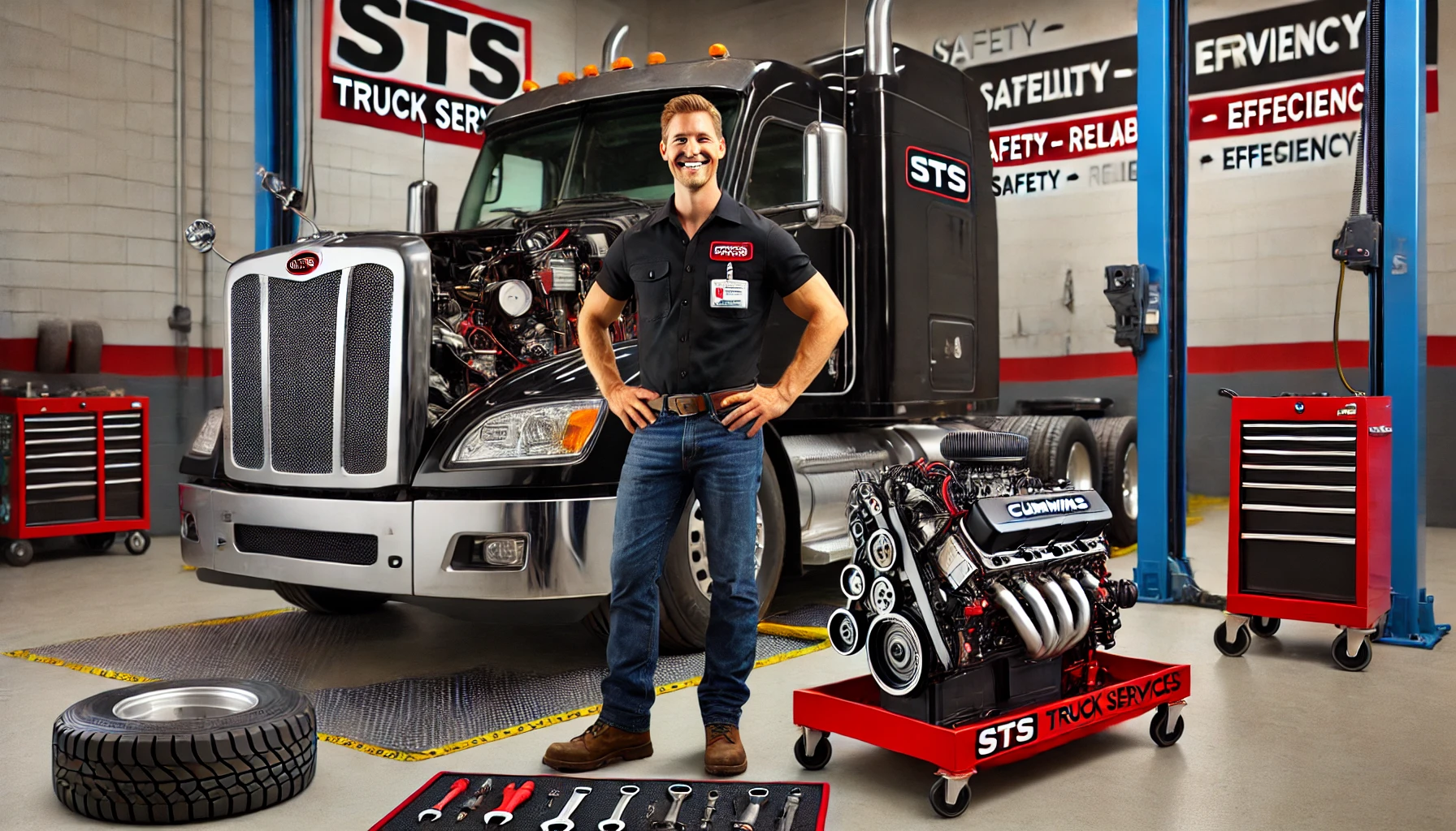 STS technician standing beside semi truck representing fleet success, uptime, and maintenance planning