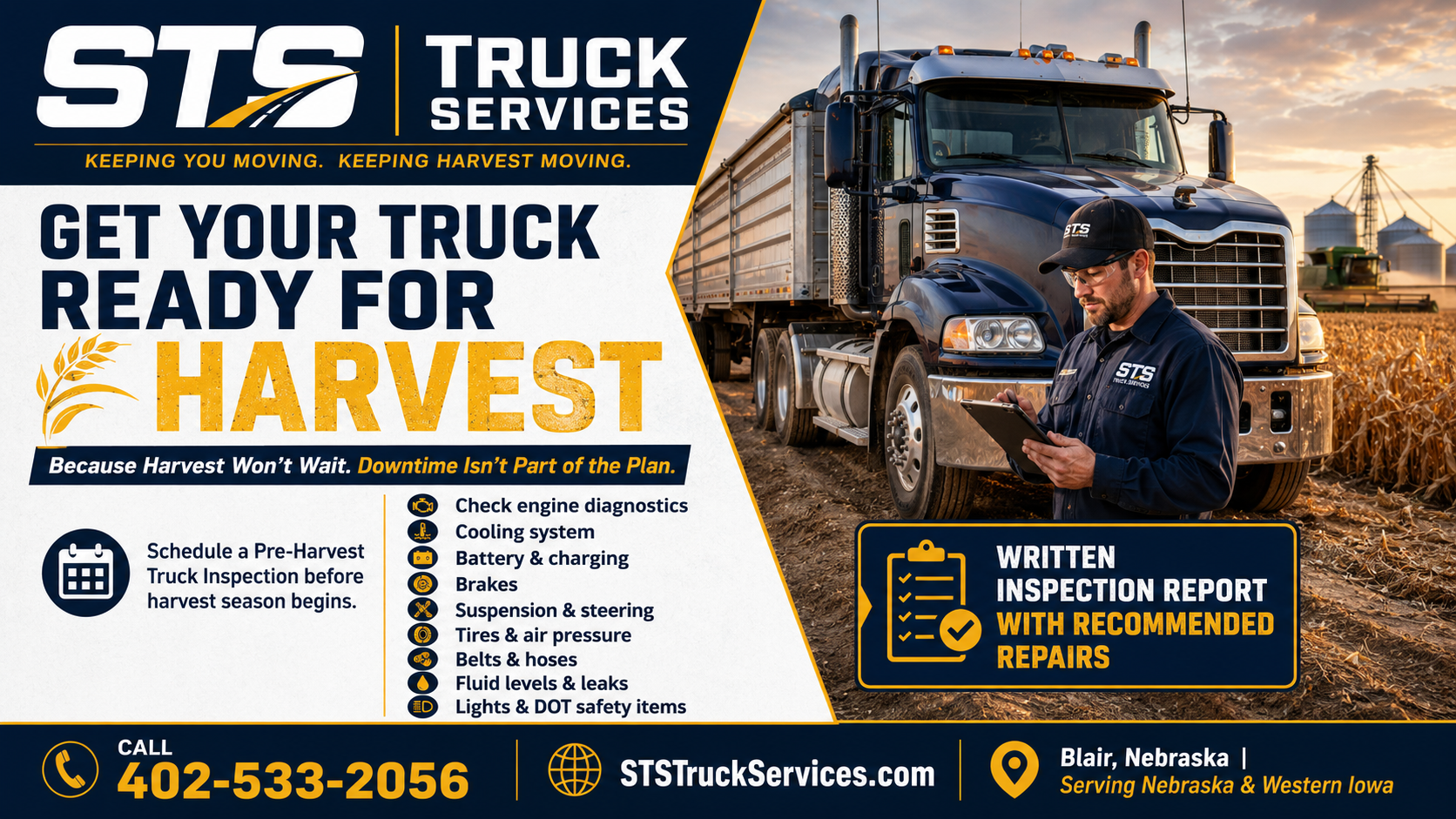 Pre-harvest truck and trailer inspections at STS Truck Services in Blair Nebraska