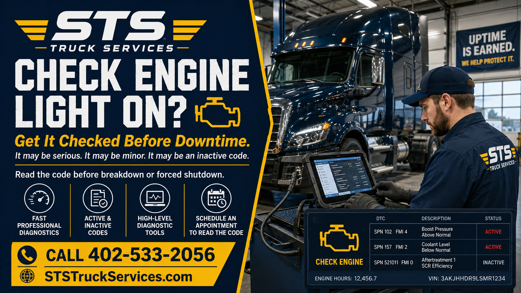 Check engine light diagnostic graphic for heavy-duty truck warning lights by STS Truck Services