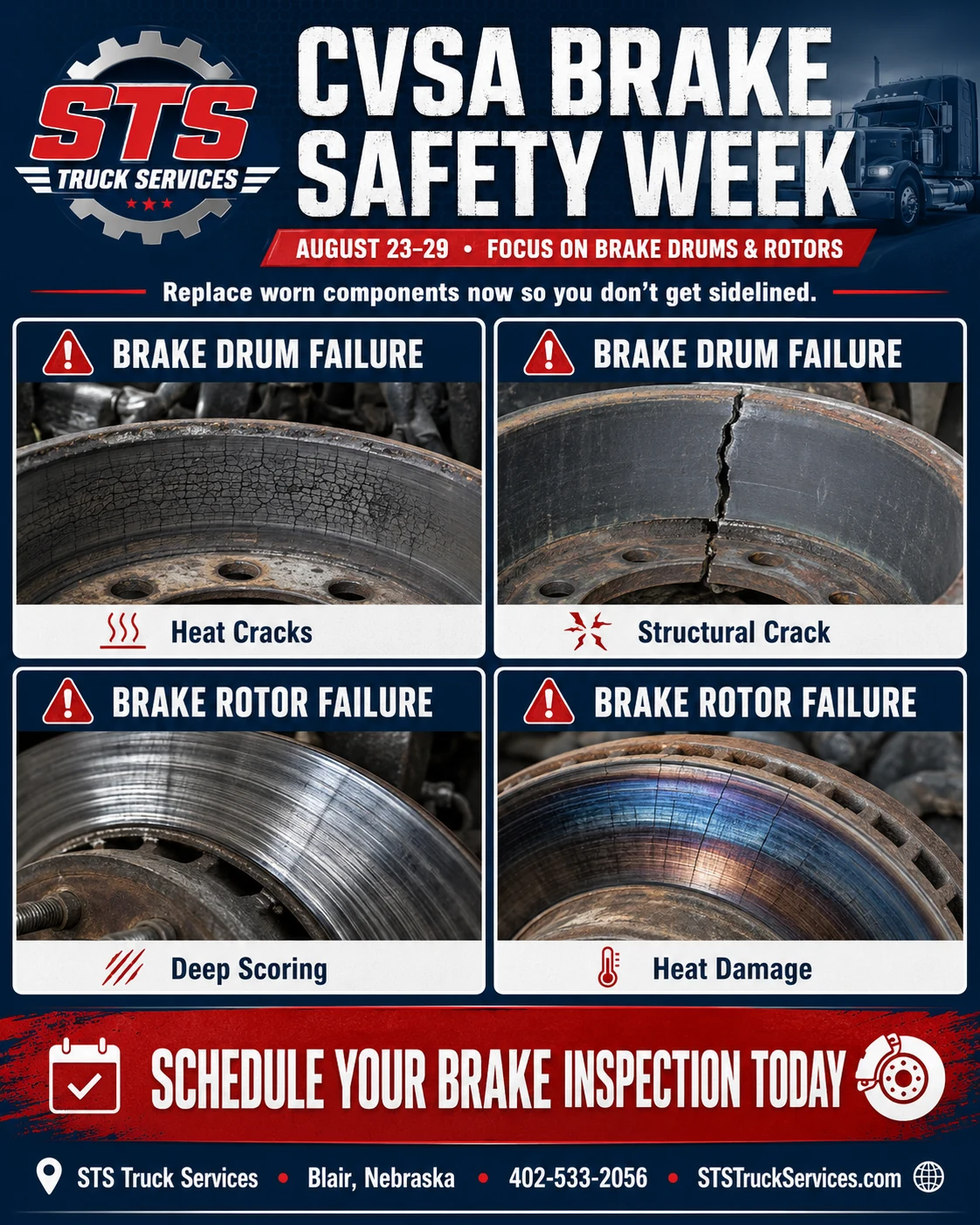 STS Truck Services CVSA Brake Safety Week graphic showing brake drum heat cracks, structural cracks, rotor scoring and heat damage