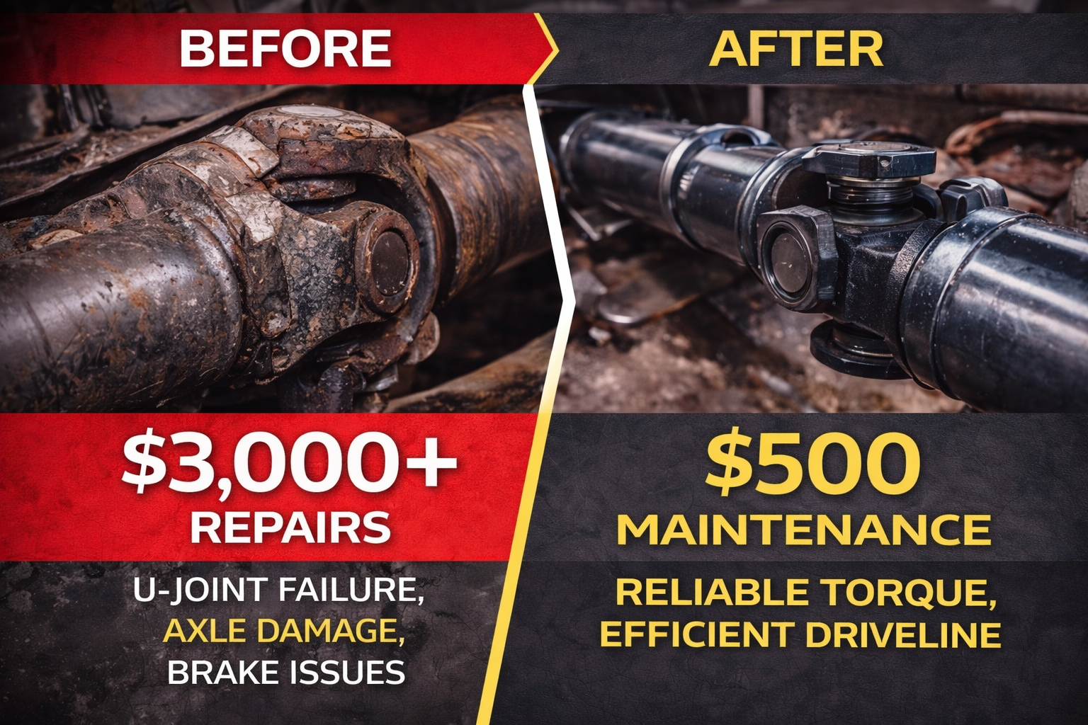 Semi truck driveline repair cost comparison in Blair Nebraska showing early maintenance versus expensive repairs later