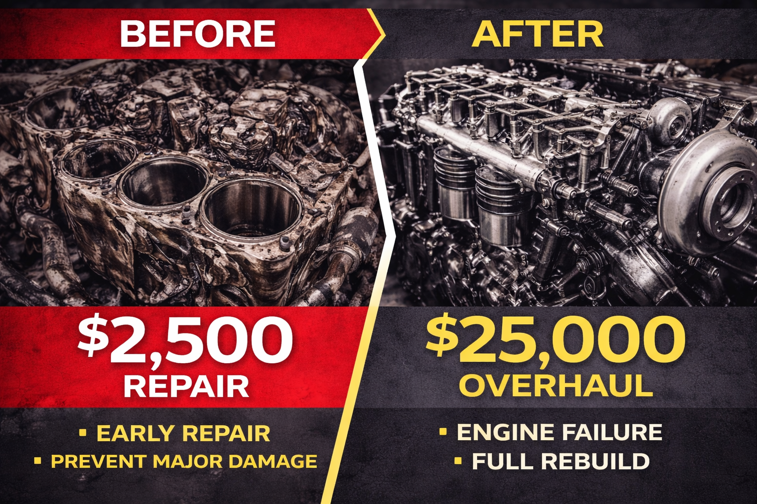 Semi truck engine repair cost comparison in Blair Nebraska showing early repair versus major overhaul later