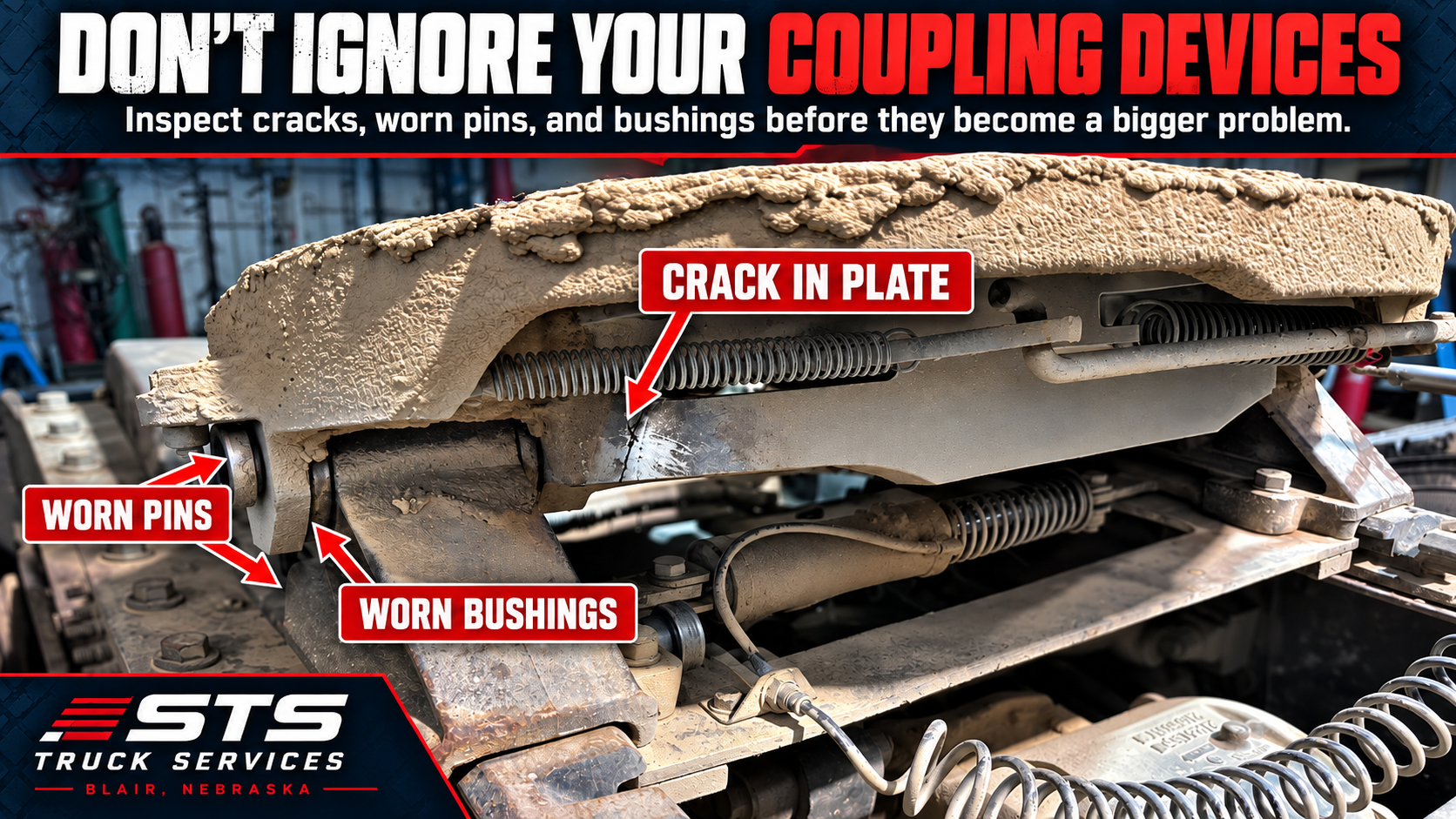 STS fifth wheel inspection graphic identifying a cracked plate, worn pins, and bushings
