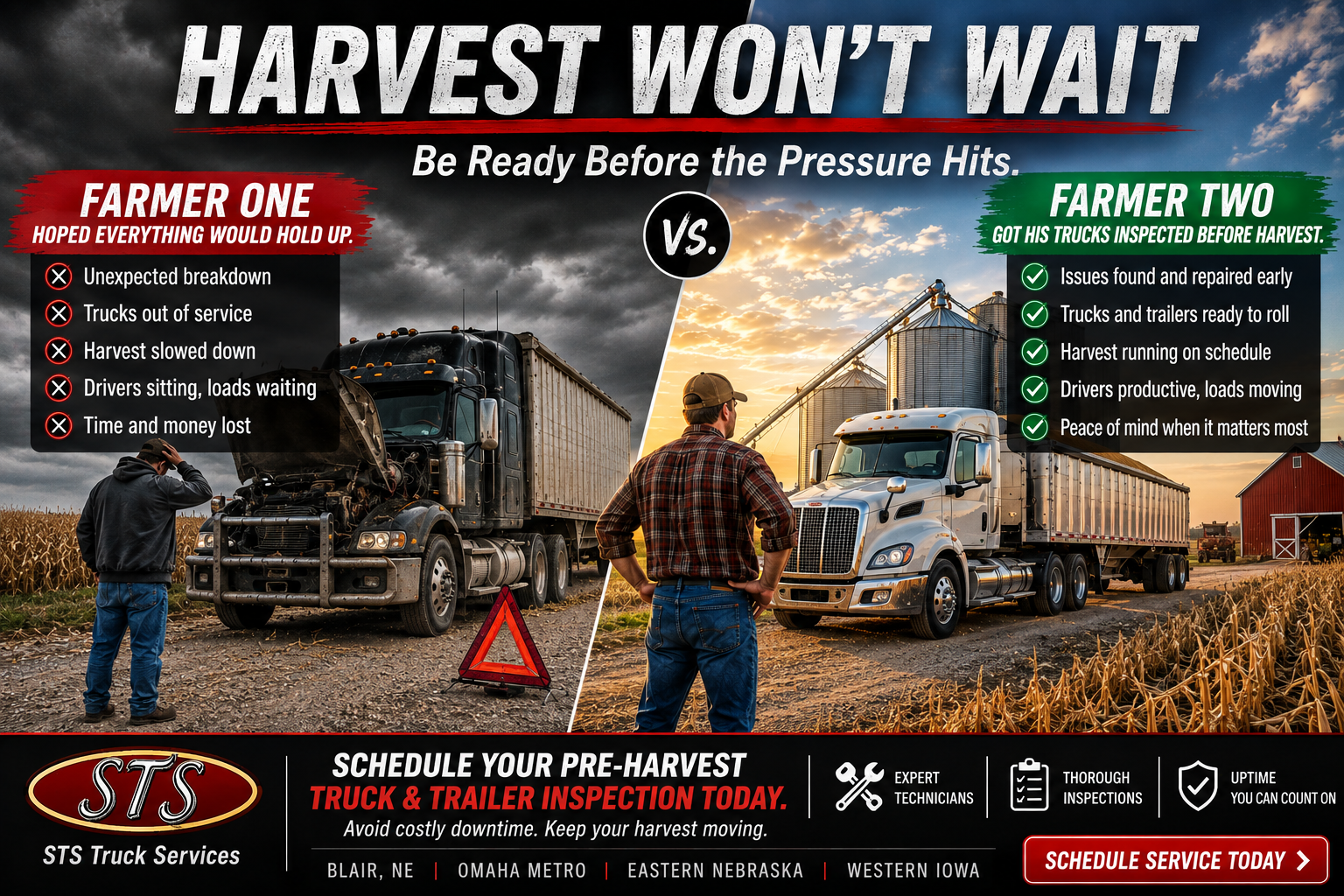 Pre-harvest truck and trailer inspection for harvest readiness at STS Truck Services in Blair Nebraska