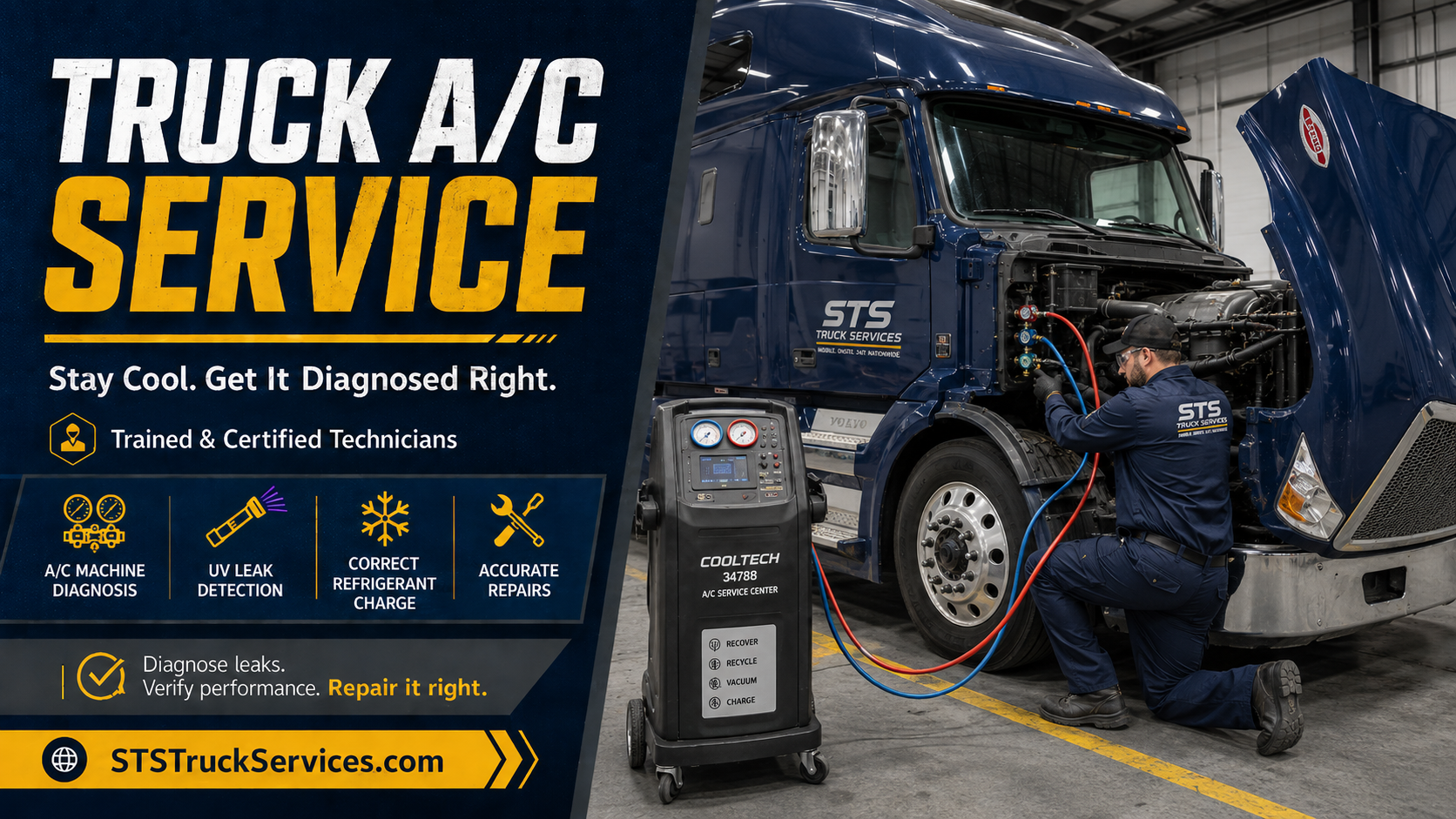 STS Truck Services technician using an A/C machine and UV leak detection to diagnose a heavy-duty truck air conditioning system in Blair Nebraska