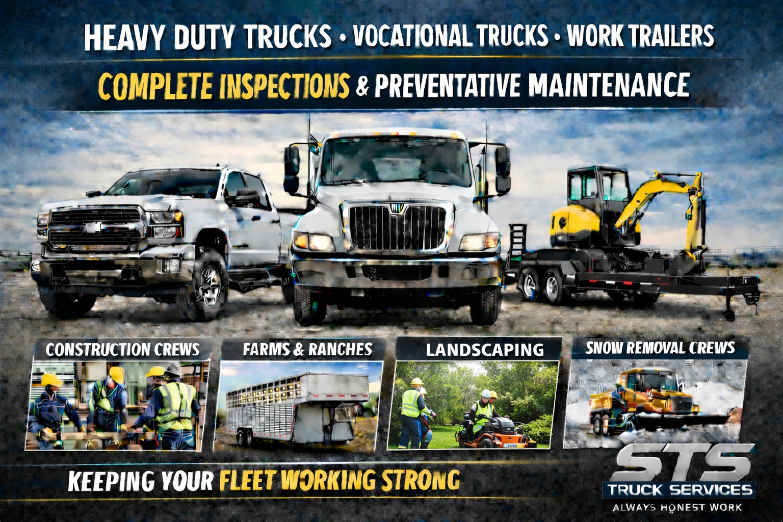 Heavy duty pickups vocational trucks and work trailers supported by STS Truck Services