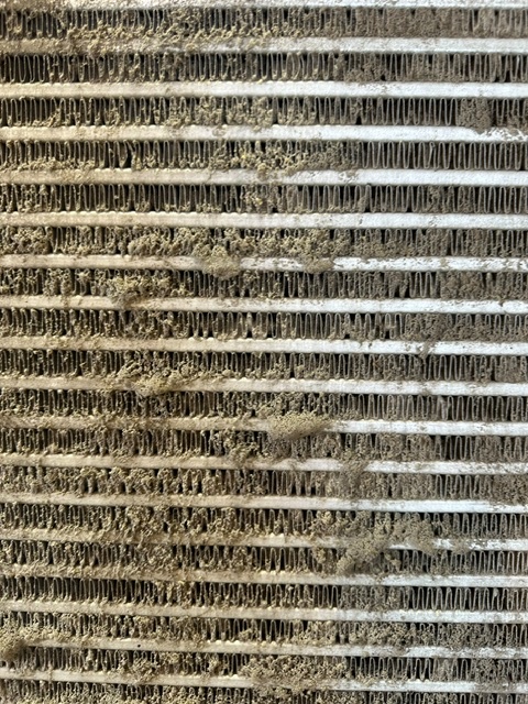 Dirty truck radiator removed during cooling system service in Blair Nebraska