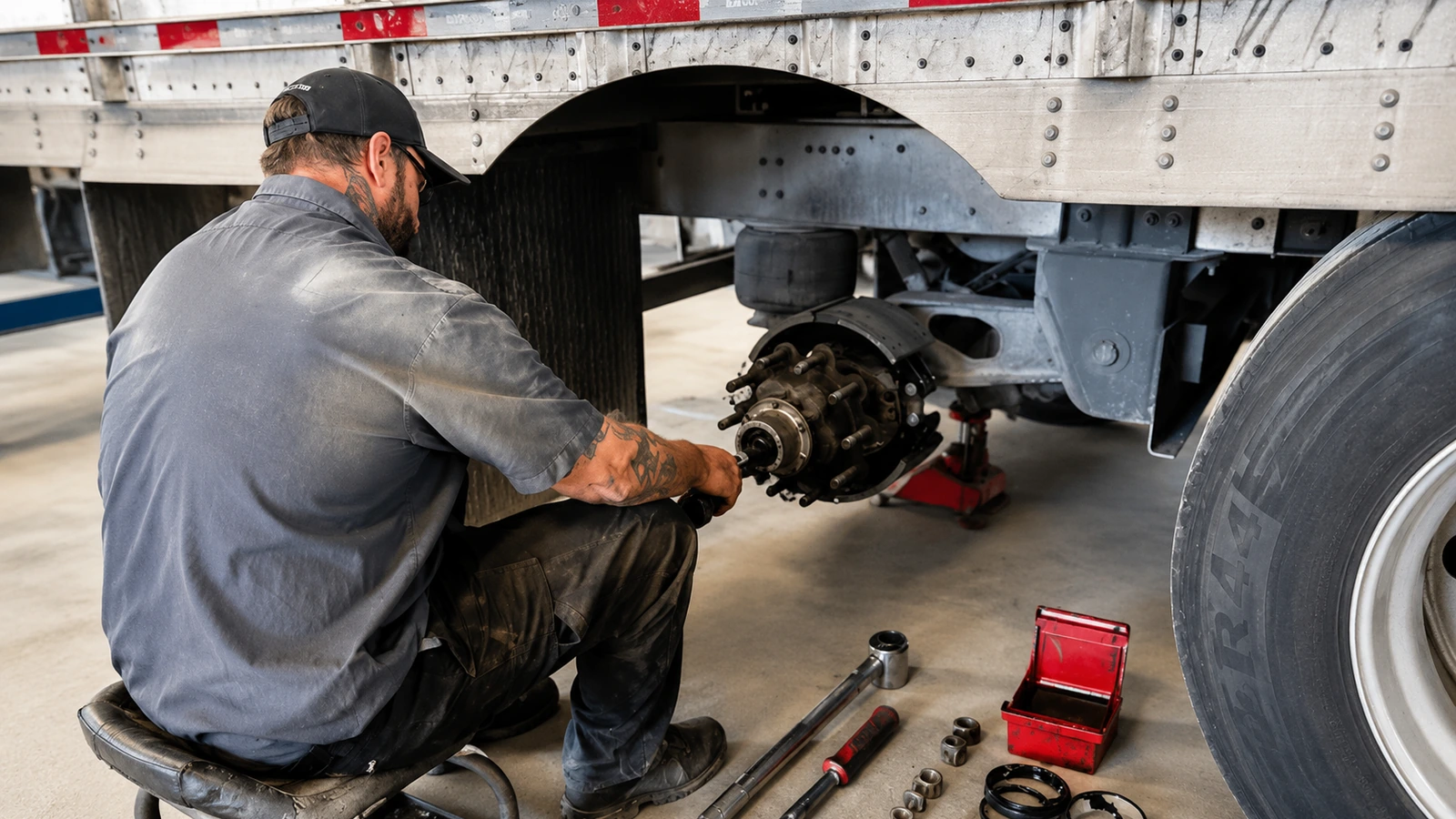 STS Truck Services technician performing preventive maintenance inspection on a heavy-duty truck in Blair Nebraska