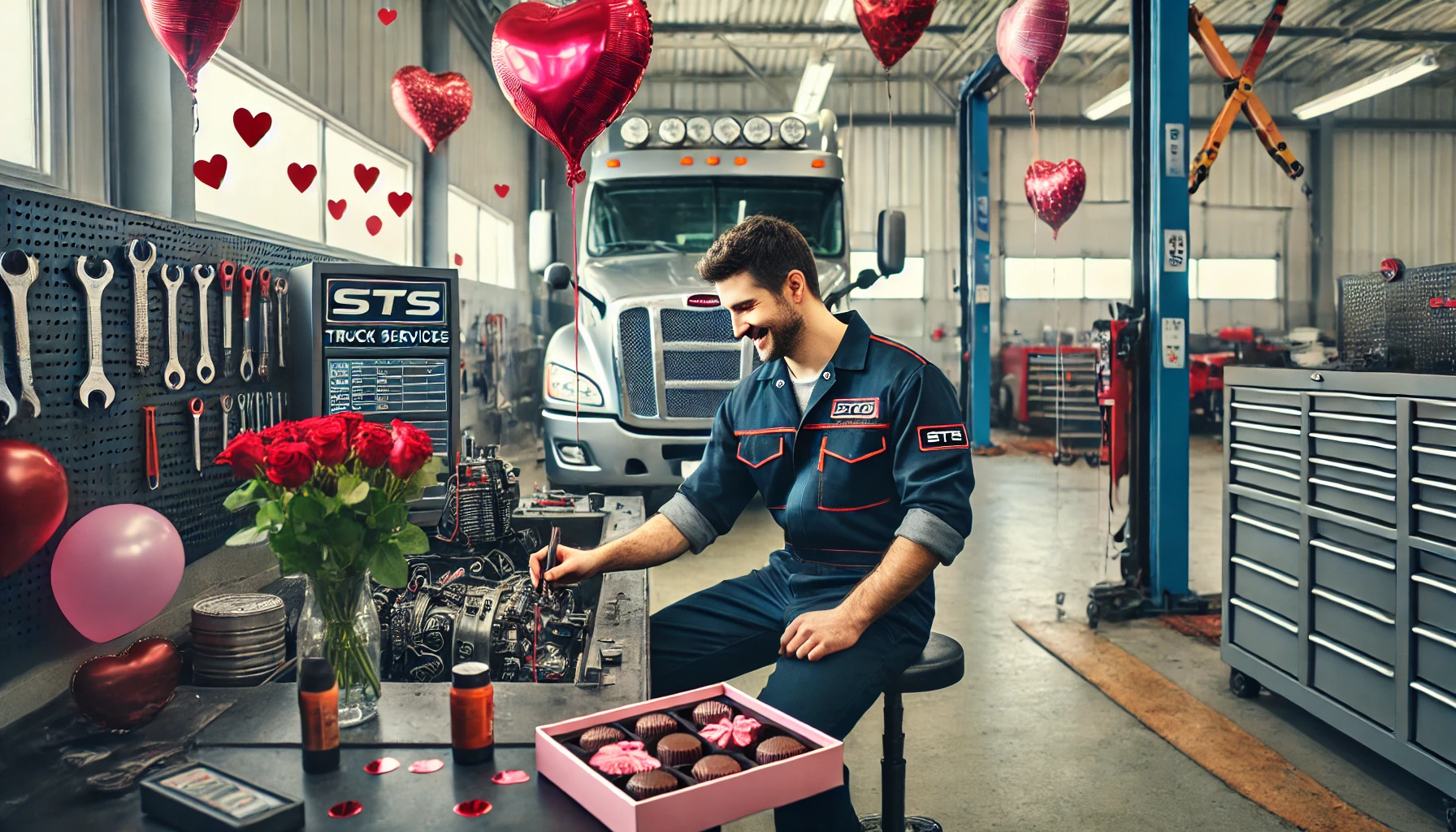 Valentine themed diesel shop scene showing truck maintenance and fleet service