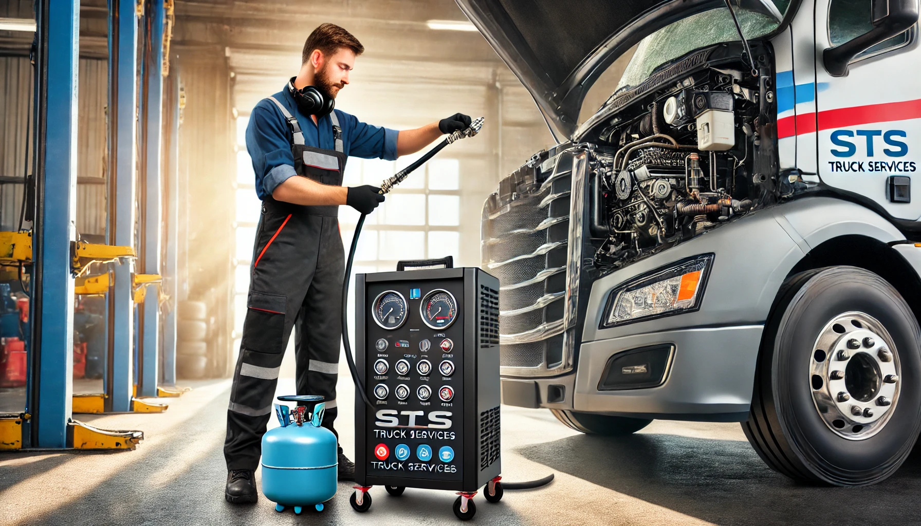 Technician servicing truck air conditioning and cooling system to prevent overheating and AC failure