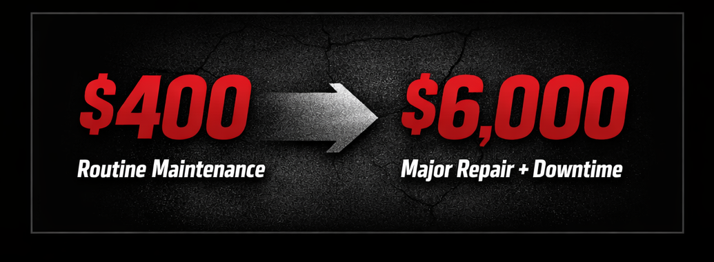 Cost comparison showing $400 routine maintenance versus $6,000 major repair and downtime.