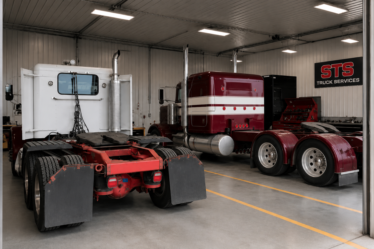 Inside STS Truck Services commercial fleet diesel repair facility in Blair Nebraska