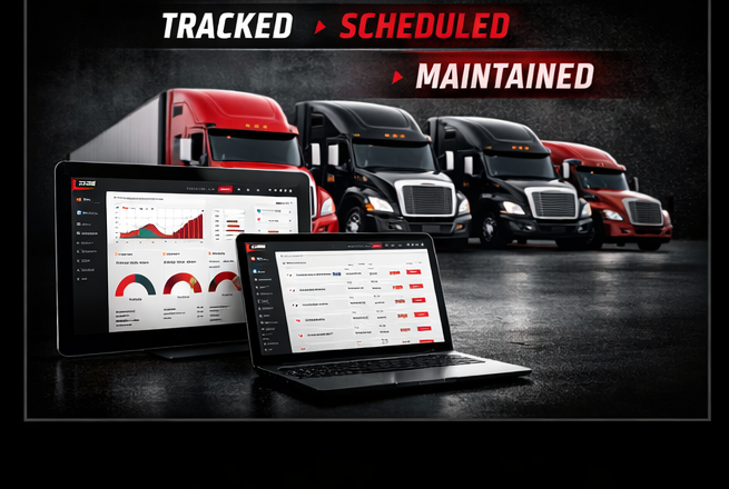 Fleet dashboard visual showing trucks tracked, scheduled, and maintained.
