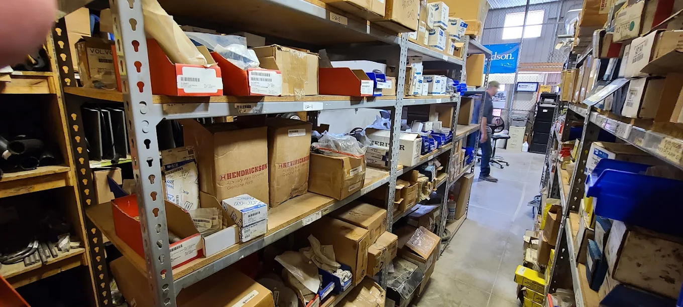 Shelves of boxed heavy-duty truck parts at STS Truck Services in Blair Nebraska