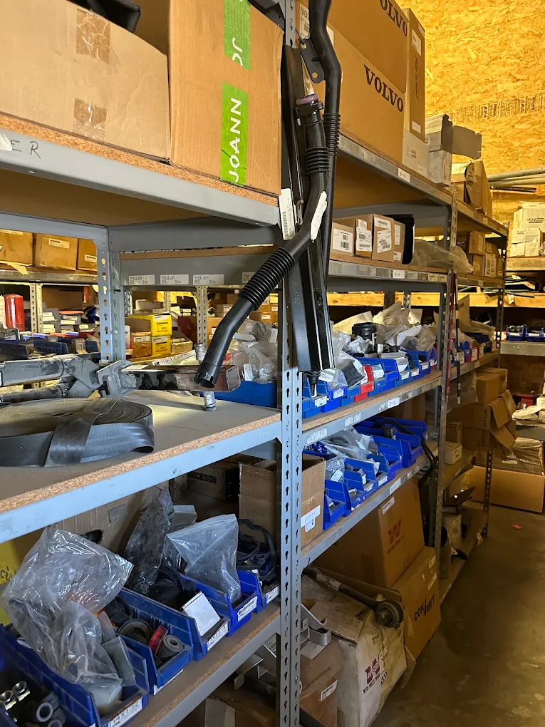 Heavy-duty truck parts stored on shelving at STS Truck Services in Blair Nebraska