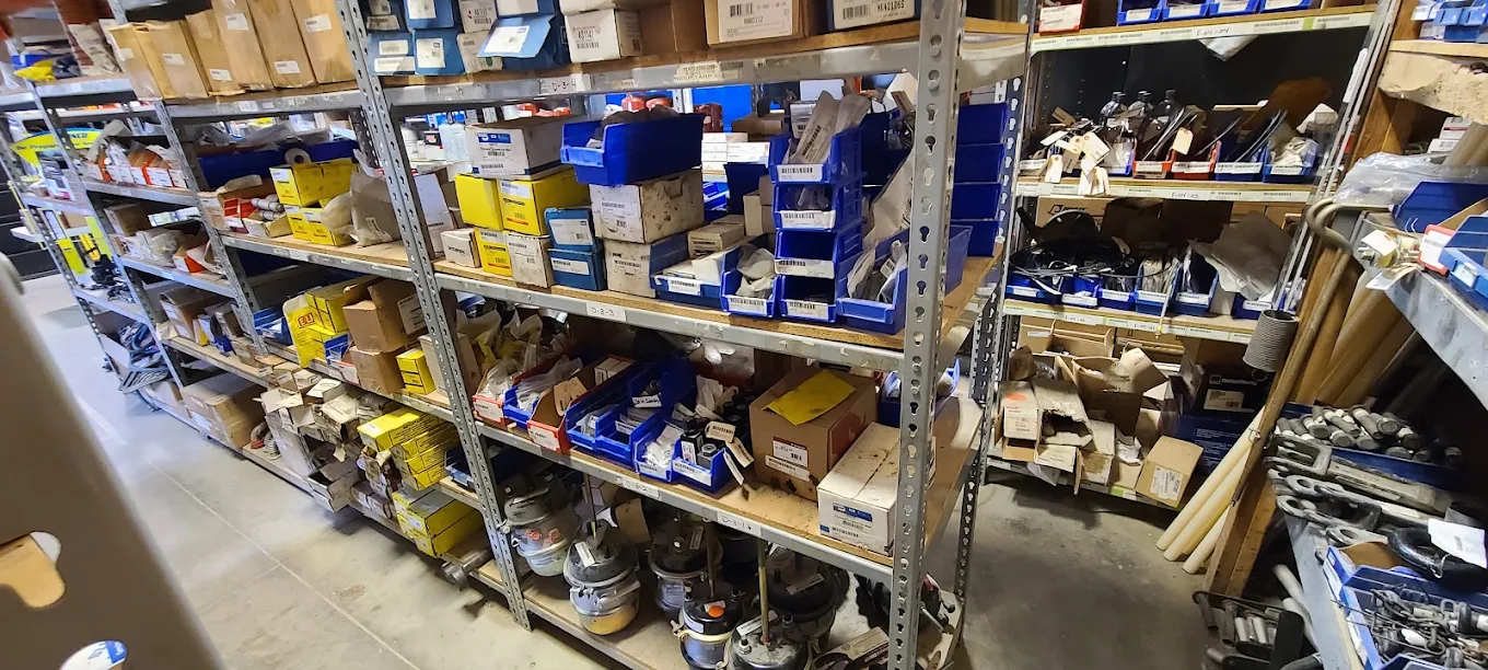 Heavy-duty truck parts stocked on shelves in the STS Truck Services parts room in Blair, Nebraska