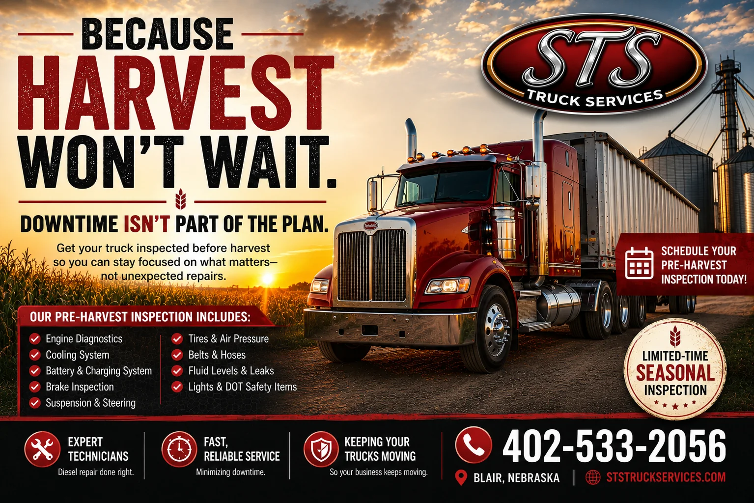 STS Truck Services pre-harvest truck inspection promotion showing a harvest truck and inspection checklist
