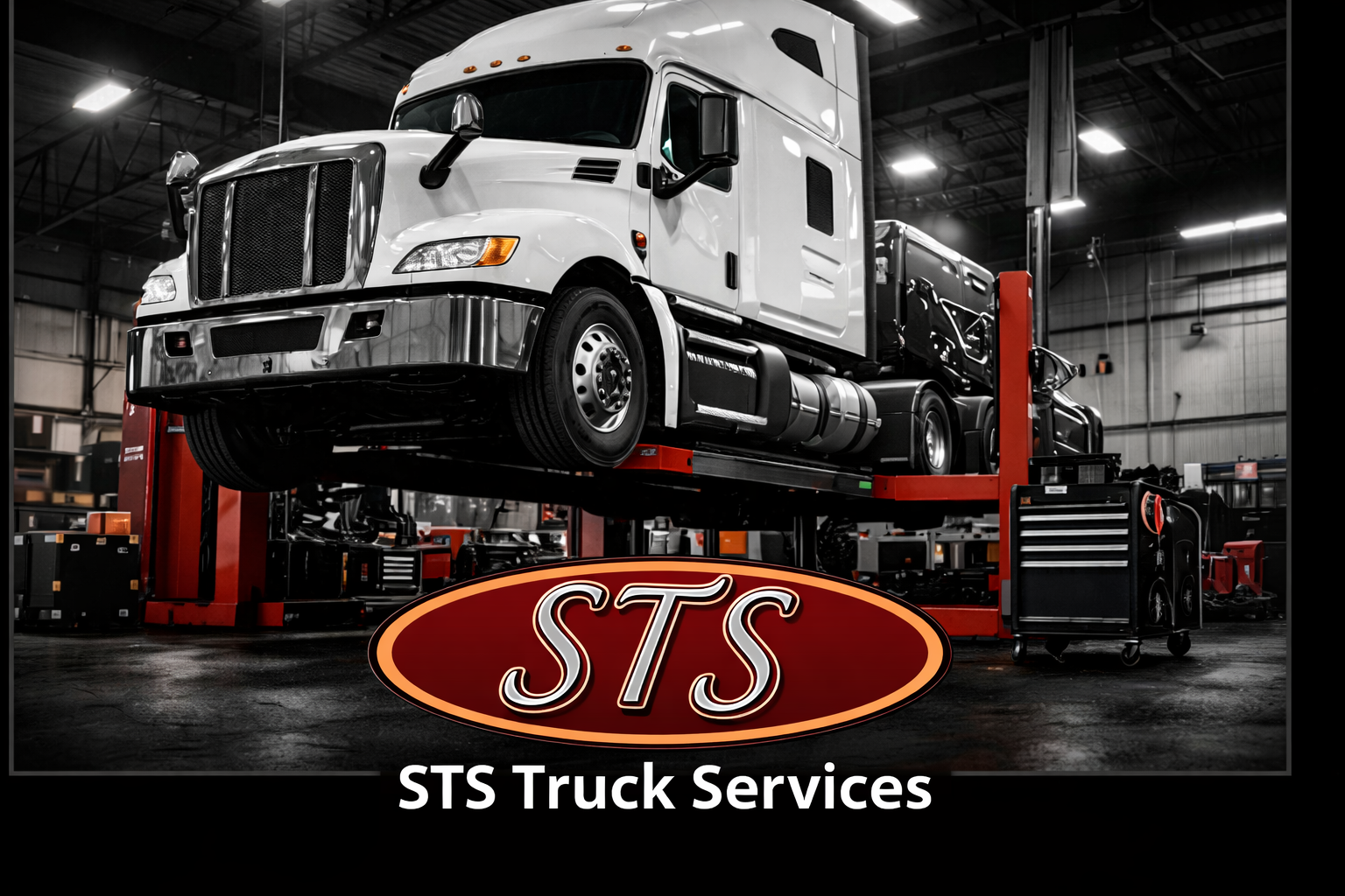 STS Truck Services shop image showing a semi truck lifted in a service bay.