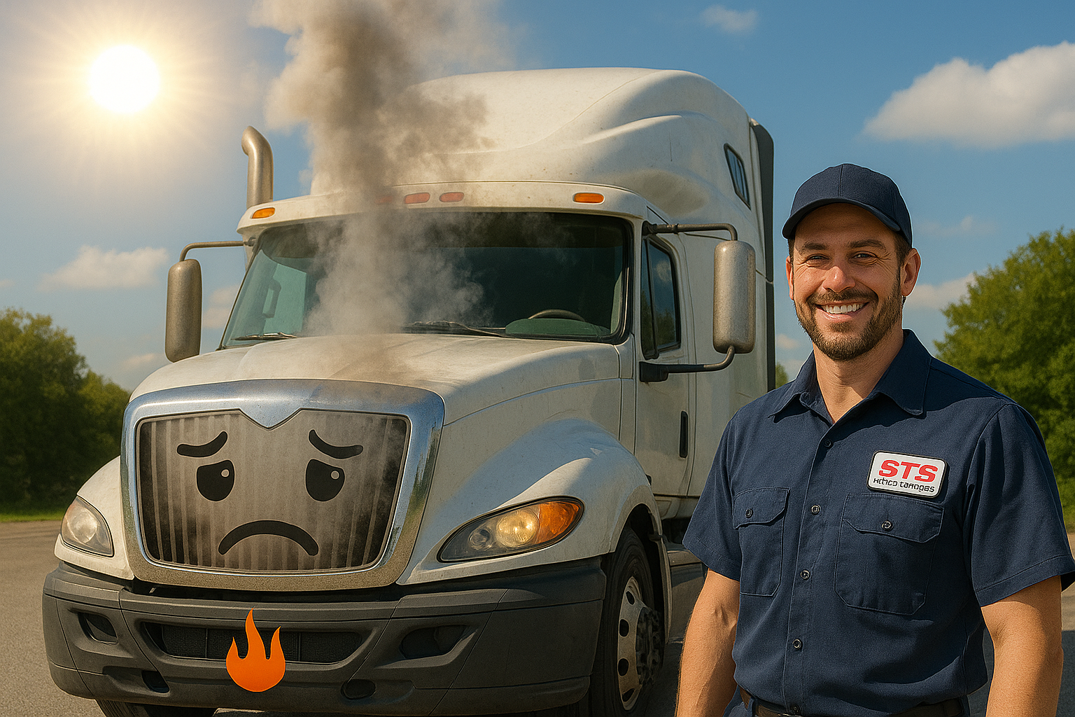 Overheating semi truck in summer heat with technician highlighting importance of preventative maintenance