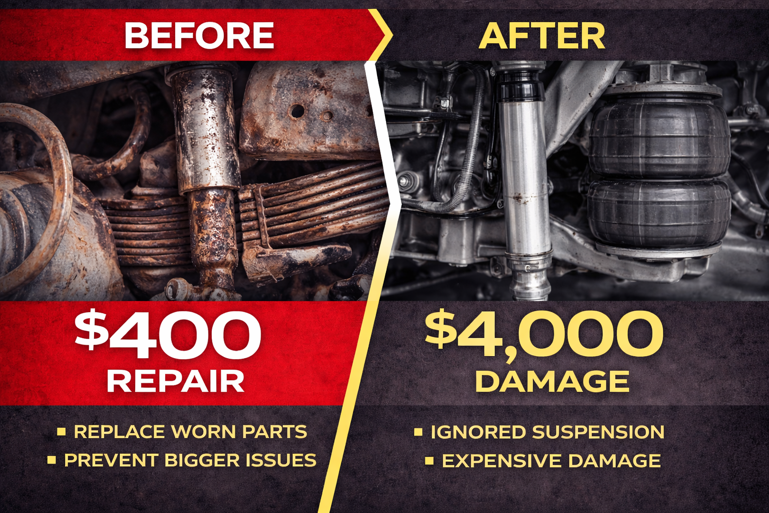 Semi truck suspension repair cost comparison in Blair Nebraska showing early repair versus major damage later