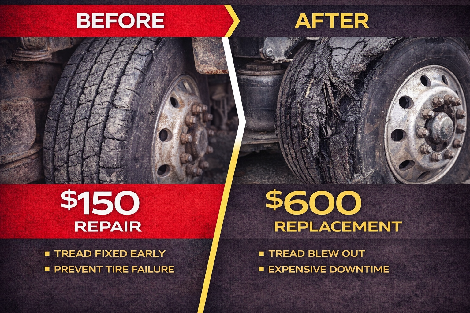 Semi truck tire repair cost comparison in Blair Nebraska showing early repair versus replacement later