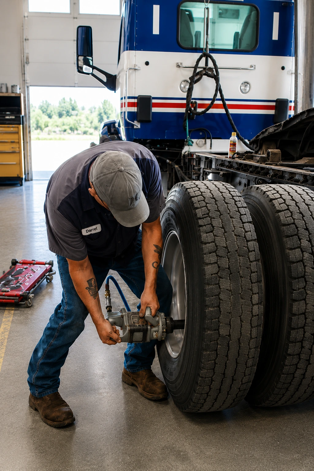STS Truck Services technician performing heavy-duty truck tire service in Blair Nebraska