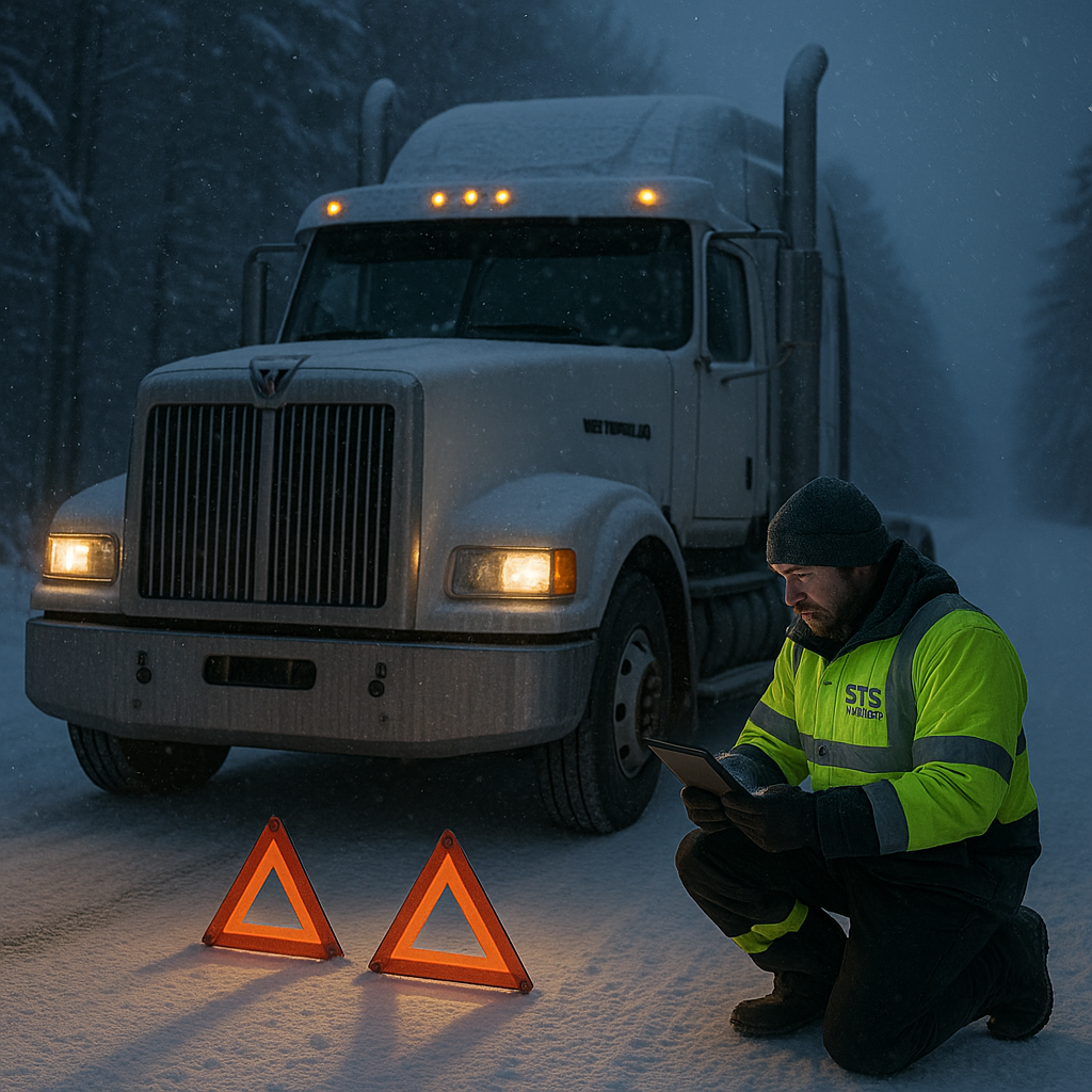 Truck in snowy winter conditions with technician performing roadside evaluation