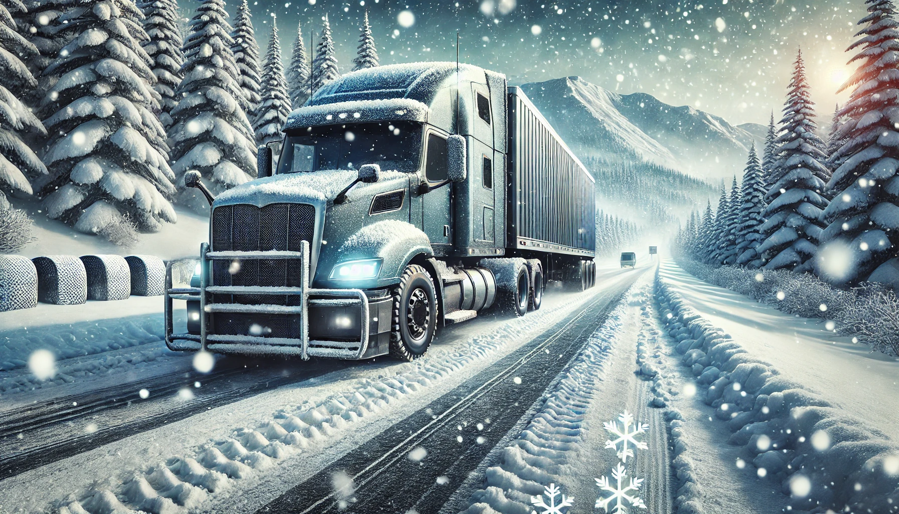 Heavy-duty semi truck driving through snowy winter conditions with snow-covered road and trees