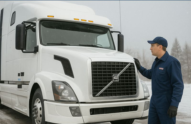 Technician inspecting a white semi truck during winter maintenance
